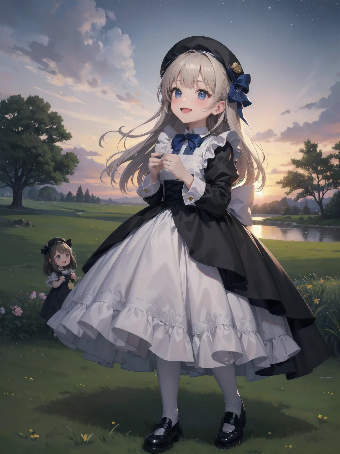 A serene outdoor scene unfolds at dusk, with a brilliant blue sky transitioning into a canvas of twinkling stars. A beautiful young girl, dressed in a stunning white and black gothic maid dress adorned with a navy blue ribbon, stands amidst lush green grass. Her companion, a delightful toddler, dons a charming maid hat with ruby accessories, complemented by black stockings and shoes. The little one beams with joy, smiling brightly as they gaze up at the celestial display together