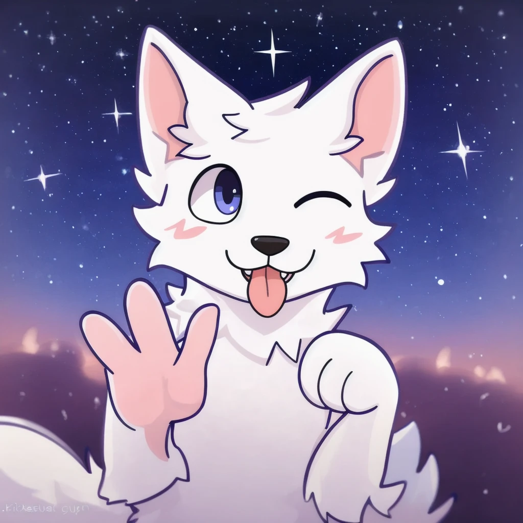 BoyKisserFur, white fur, white body,  smiling, fluff
realistic, BoyKisserFur,  detailed fur, well shaded, detailed shading, night sky, depth preseption, depth, looking at camera, portrait, sticking tongue out, one eye closed, peace hand gesture, sparkles