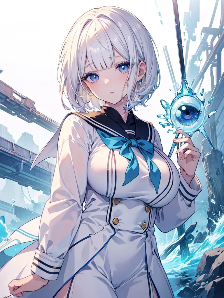 masterpiece, highest quality, Very detailed, High resolution, Japan anime,One young girl, (White skin:1.2), Golden Hair, (short hair:1.4), (Blunt bangs:1.3), (eyelash:1.3), (eye shadow:1.3), (Large, droopy blue eyes:1.5), (Beautiful fine details:1.4), Height: 130cm, original character, Fantasy, (White background:1.2), Beautiful fingers, Are standing, (Original Magic School Uniform:1.5), ビューアーを見るHigh resolution, (Anime Style:1.4),nature(Large Breasts:1.3)ice