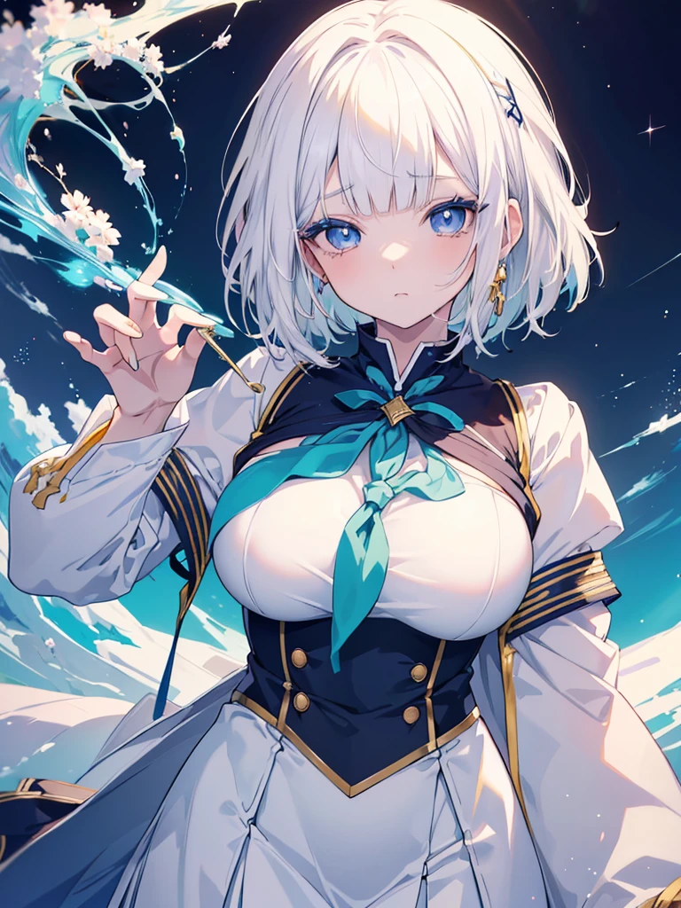 masterpiece, highest quality, Very detailed, High resolution, Japan anime,One young girl, (White skin:1.2), Golden Hair, (short hair:1.4), (Blunt bangs:1.3), (eyelash:1.3), (eye shadow:1.3), (Large, droopy blue eyes:1.5), (Beautiful fine details:1.4), Height: 130cm, original character, Fantasy, (White background:1.2), Beautiful fingers, Are standing, (Original Magic School Uniform:1.5), ビューアーを見るHigh resolution, (Anime Style:1.4),nature(Large Breasts:1.3)ice