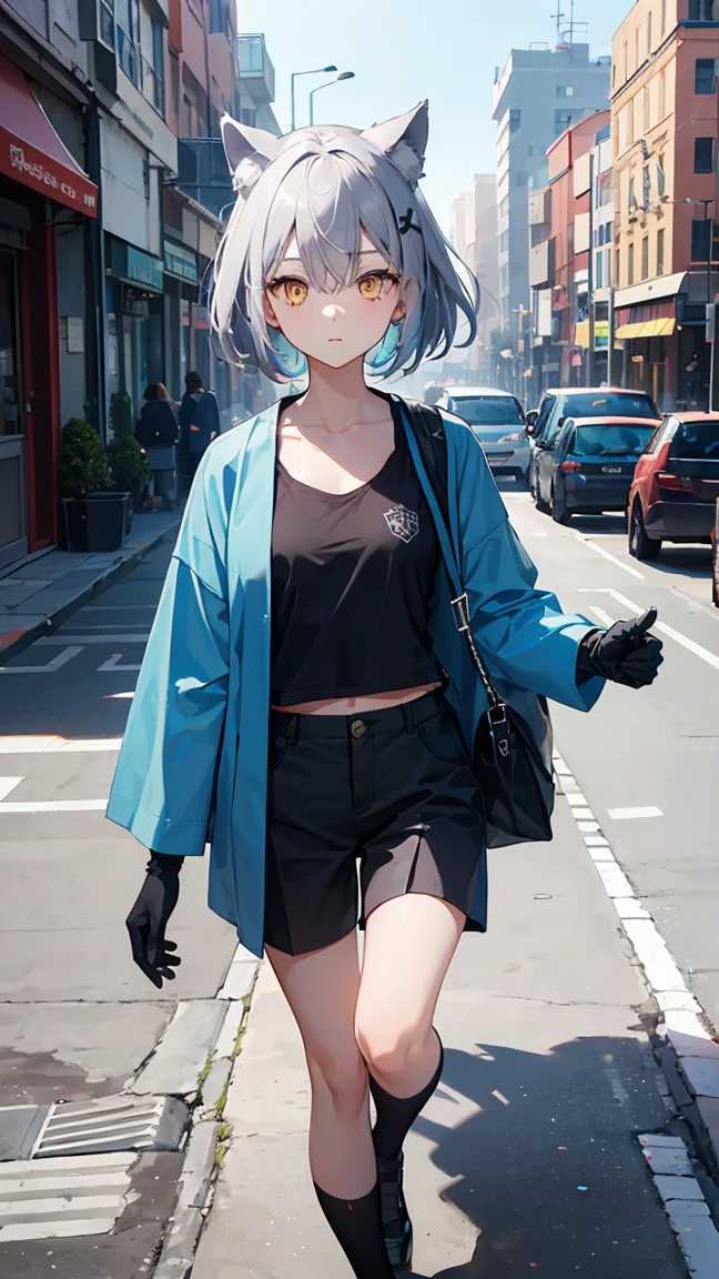 Colorful, 1girl, (blue gloves:1.2, blue t-shirt, black japanese shirt:1.1, open shirt:1.1, japanese school pants:1.2, glowing eyes) , v-shaped eyebrows, long wild hairstyle, hair between eyes ,gray hair, yellow eyes, wolf ears, small breast, tomboy, wallpaper, landscape, depth of field, noon, city, street, walking, pov from front, light particles, light rays, sidelighting, 