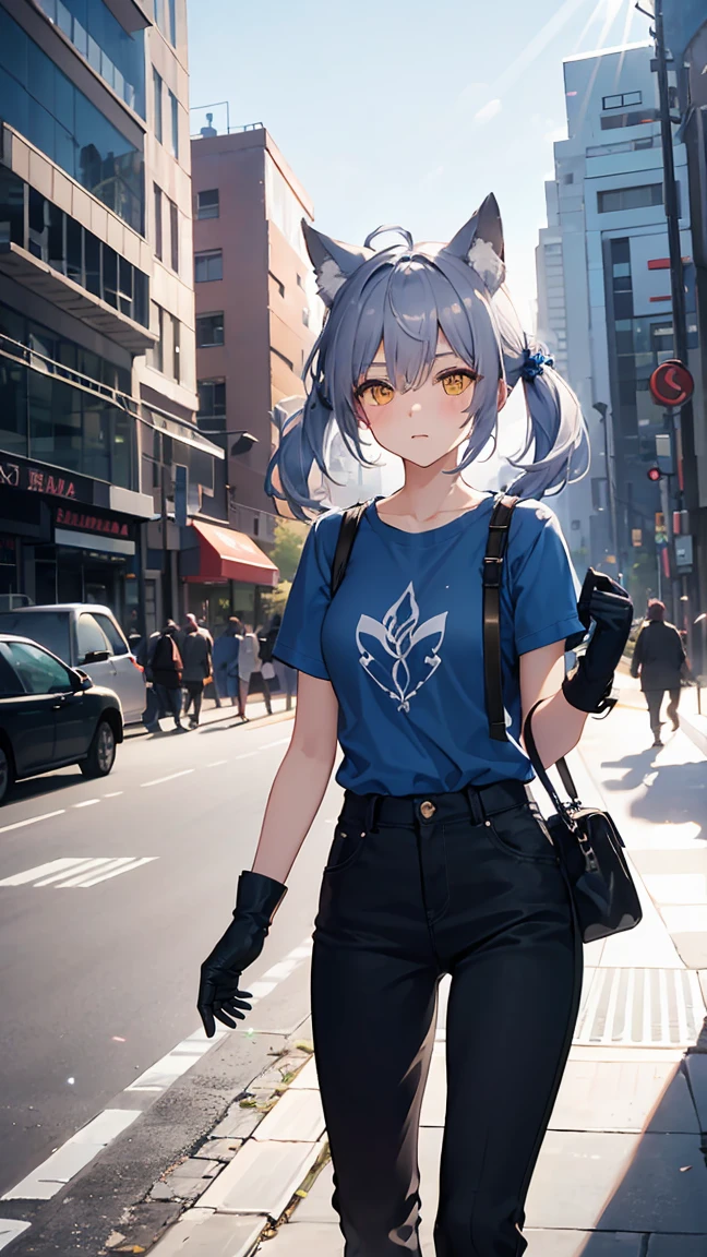 Colorful, 1girl, (blue gloves:1.2, blue t-shirt, black japanese shirt:1.1, open shirt:1.1, japanese school pants:1.2, glowing eyes) , v-shaped eyebrows, long wild hairstyle, hair between eyes ,gray hair, yellow eyes, wolf ears, small breast, tomboy, wallpaper, landscape, depth of field, noon, city, street, walking, pov from front, light particles, light rays, sidelighting, 