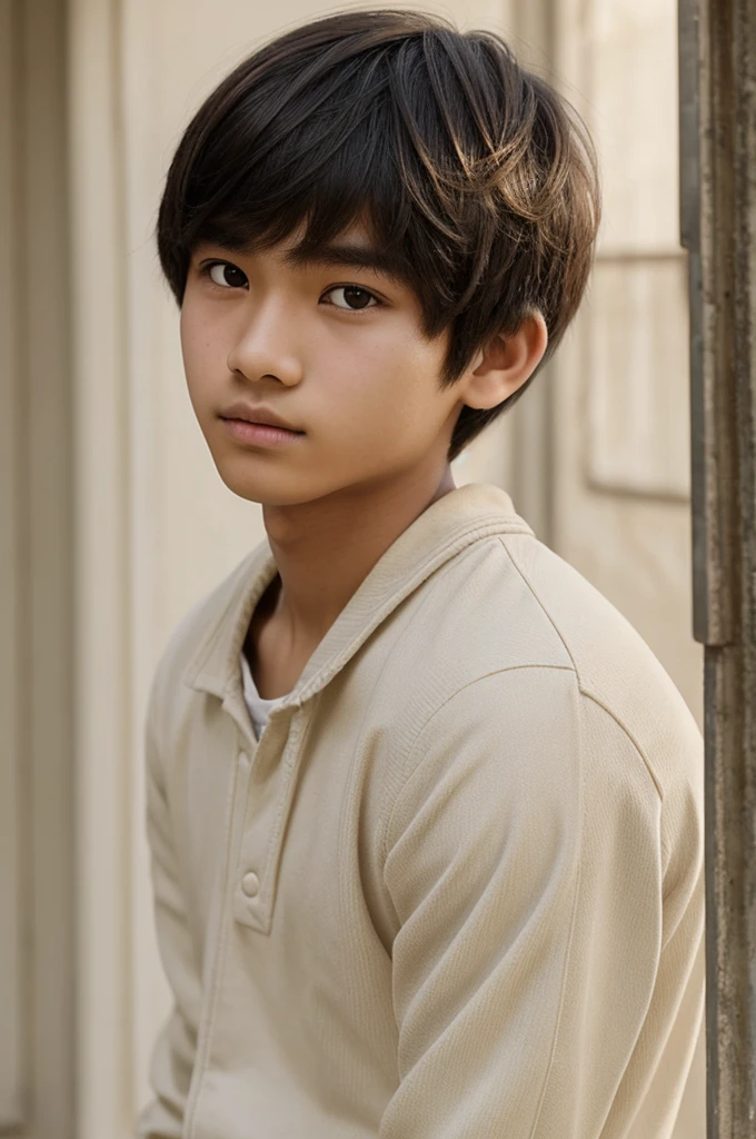 teenager with a round and abundant haircut with side-swept bangs, white skin color, a thin face, a snub nose, a slim build, almond-shaped eyes and one of his eyes smaller than the other.