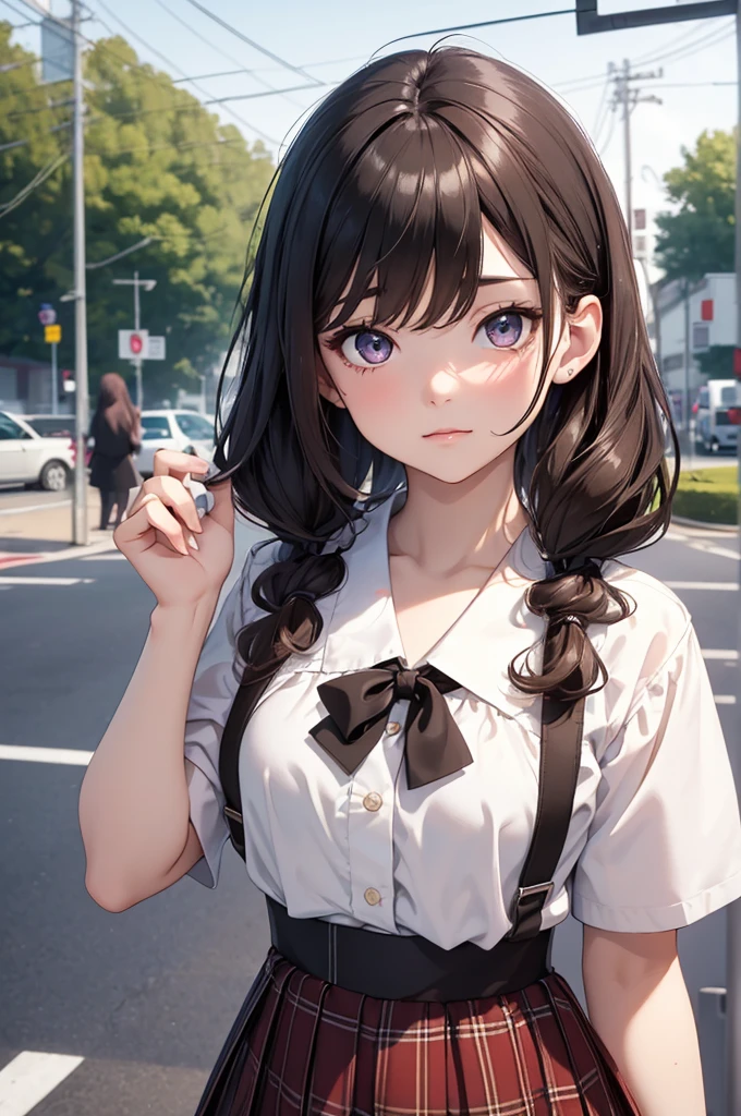 (8K, Best Quality, Masterpiece, Ultra High Resolution) 1 Girl, Young, Teen, Beautiful Eyes, Face Details, Dark Brunette Hair, Two Pigtails, Hazel Eyes, Pale Skin, Blouse, Plaid Skirt, Outside Japanese School, Best Quality, Upper Body, Looking at the Viewer, Facing Viewer, Close Up