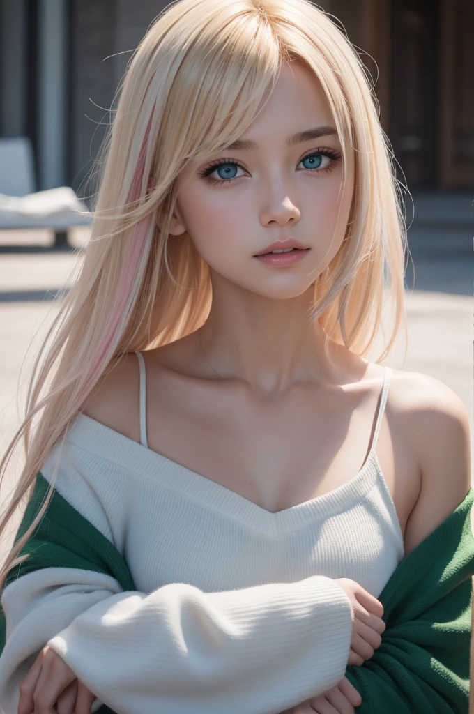 Female character with straight, blonde hair with pink highlights, green eyes