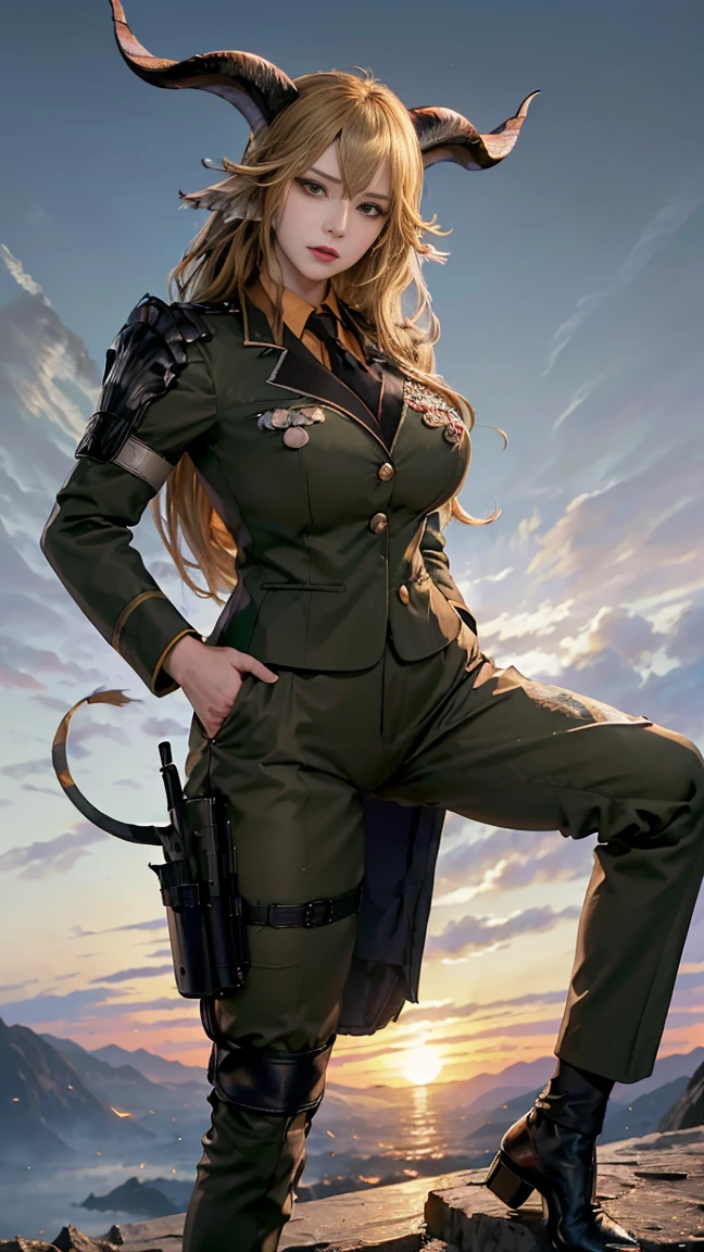 (masterpiece, Highest quality, Absurd,The Face of UHD,Very detailed顔,Official Art, beautifully,aesthetic:1.2), (One woman,Big Breasts),Goat horns,Arknights,Degenbrecher,(Black military uniform,pants),Battlefield Background,Put one foot on the rubble,Adult, alone,Fantasy Aesthetics, Very detailed,Most detailed