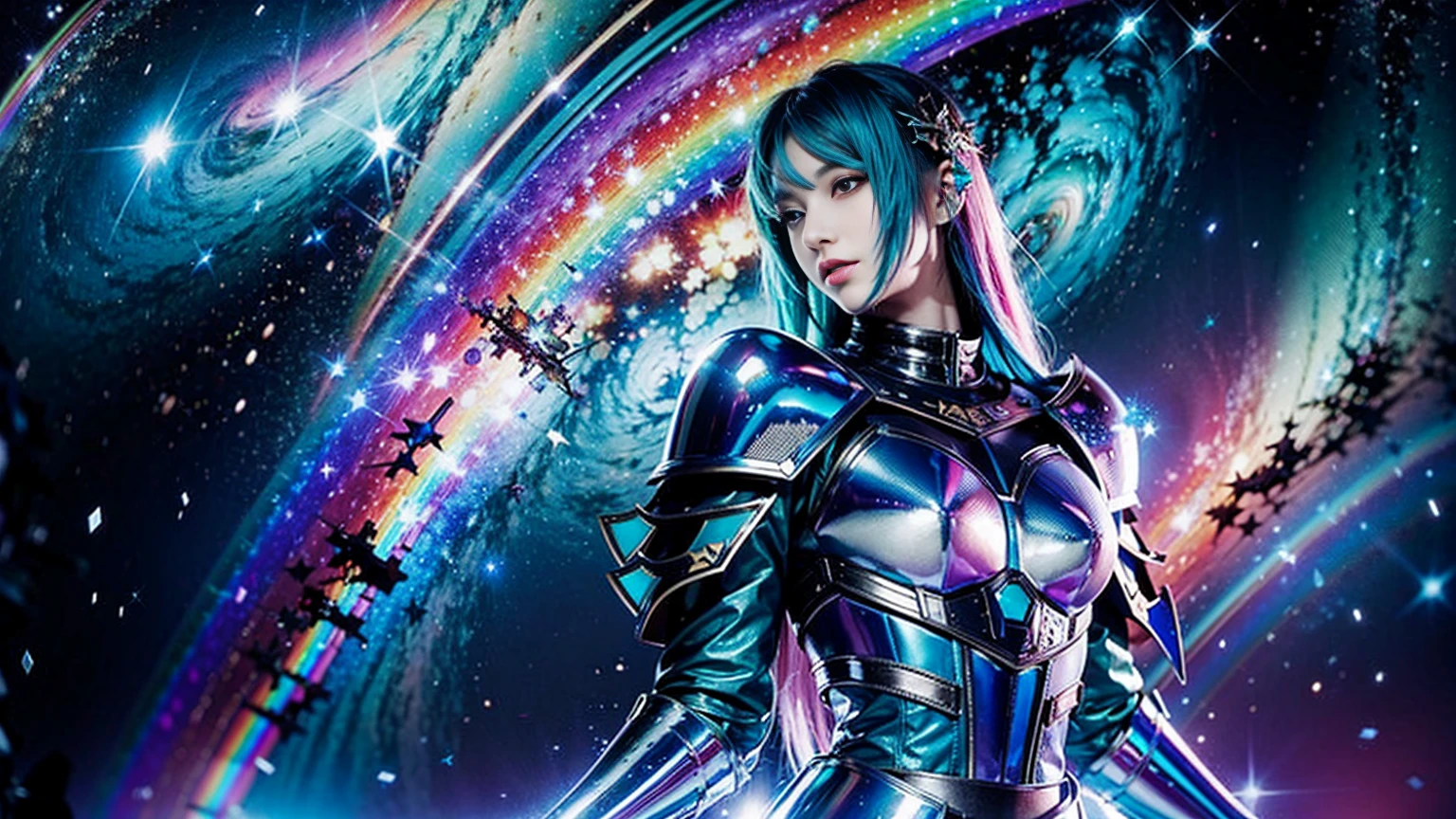 A woman in armor with rainbow hair and a detailed teal dress, Are standing, Rainbow colored space nebula background, performer, Milky Way, Intricate details, Perfect Face