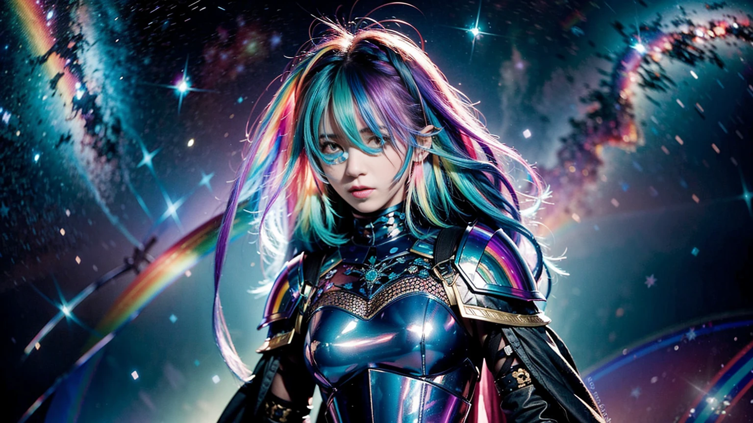 A woman in armor with rainbow hair and a detailed teal dress, Are standing, Rainbow colored space nebula background, performer, Milky Way, Intricate details, Perfect Face