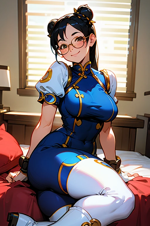 A chubby girl with black hair, freckles and glasses, dressed as Chun-Li in white boots, smiling gently in her room