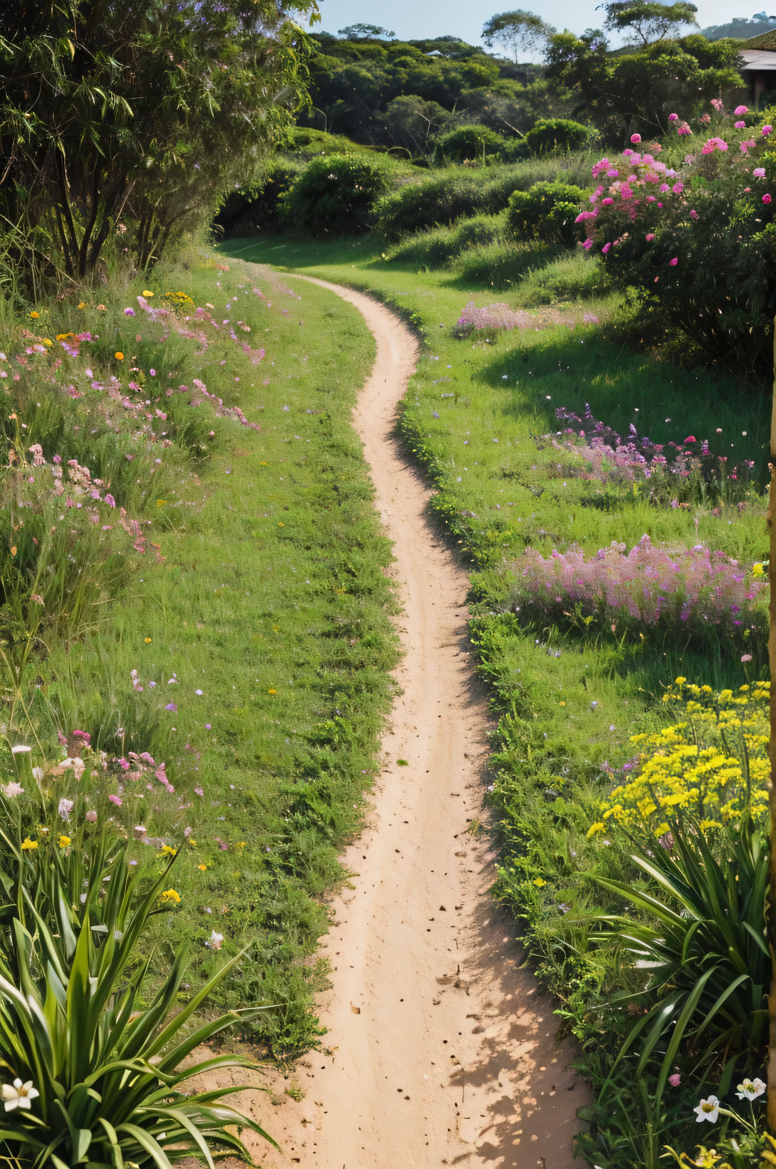 Dirt path with grass and flowers. Rio