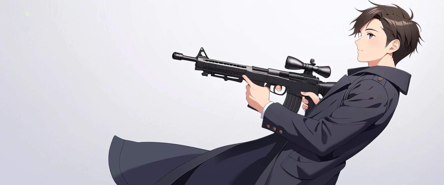 score_9, score_8_up, score_7_up, source_anime, detailed, 8k, cinematic angle, rating from side, safe, Wide-angle lens, a man in Black Trench Coat is holding a submachine gun to viewer,