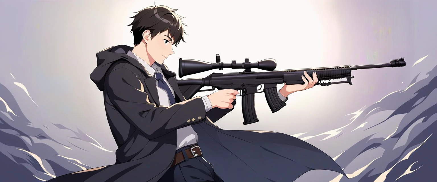 score_9, score_8_up, score_7_up, source_anime, detailed, 8k, cinematic angle, rating from side, safe, Wide-angle lens, a man in Black Trench Coat is holding a submachine gun to viewer,