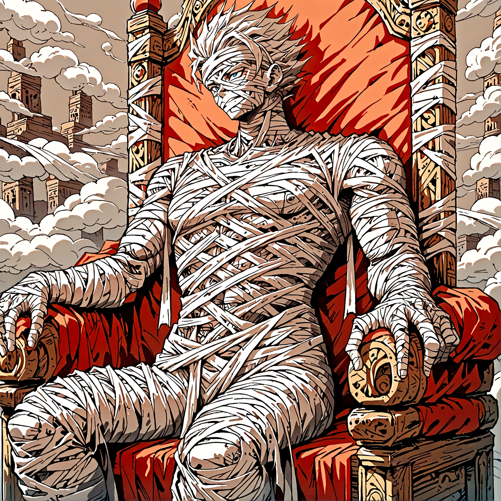 Male Mummy sitting on throne made of clouds , front perspective 