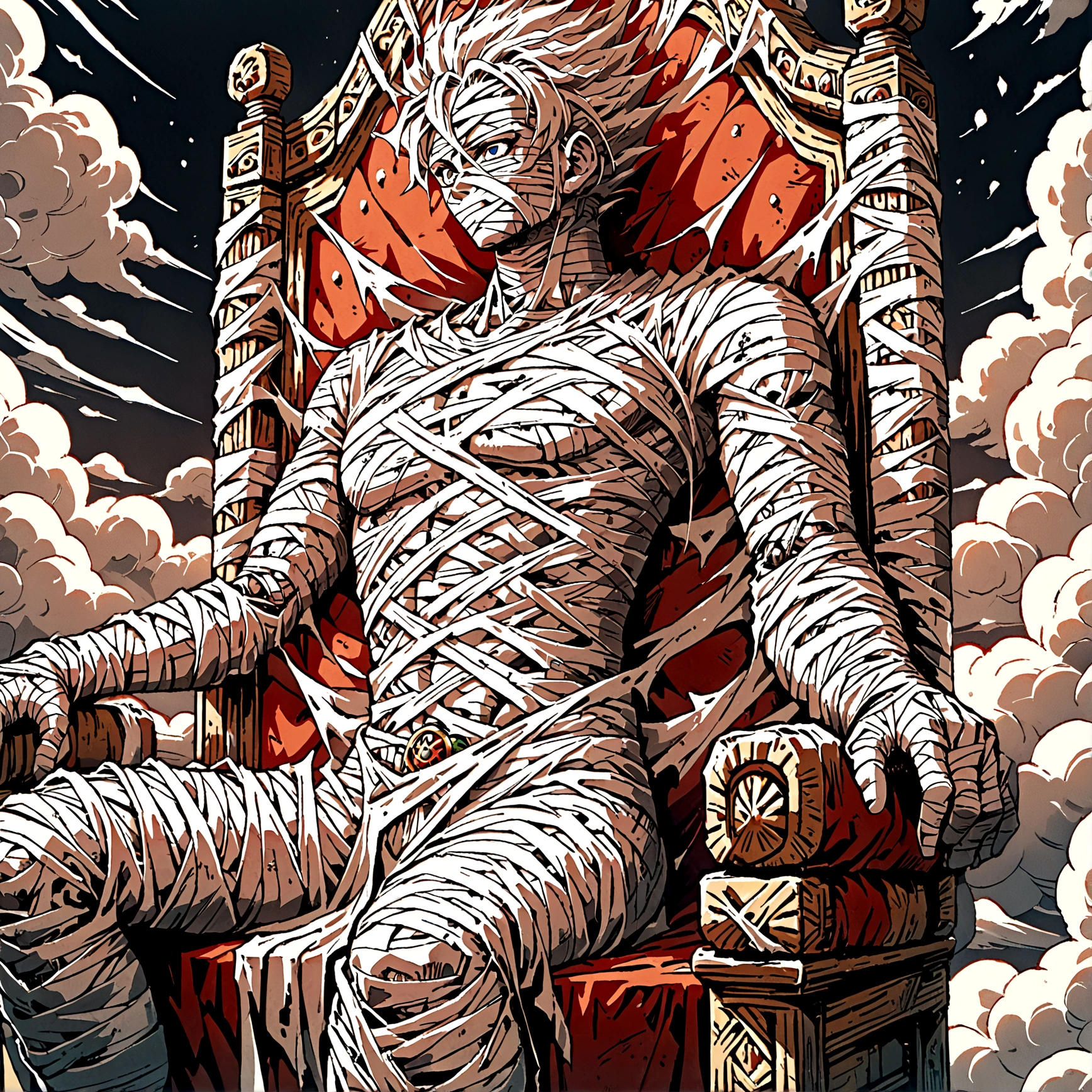 Male Mummy sitting on throne made of clouds , front perspective 