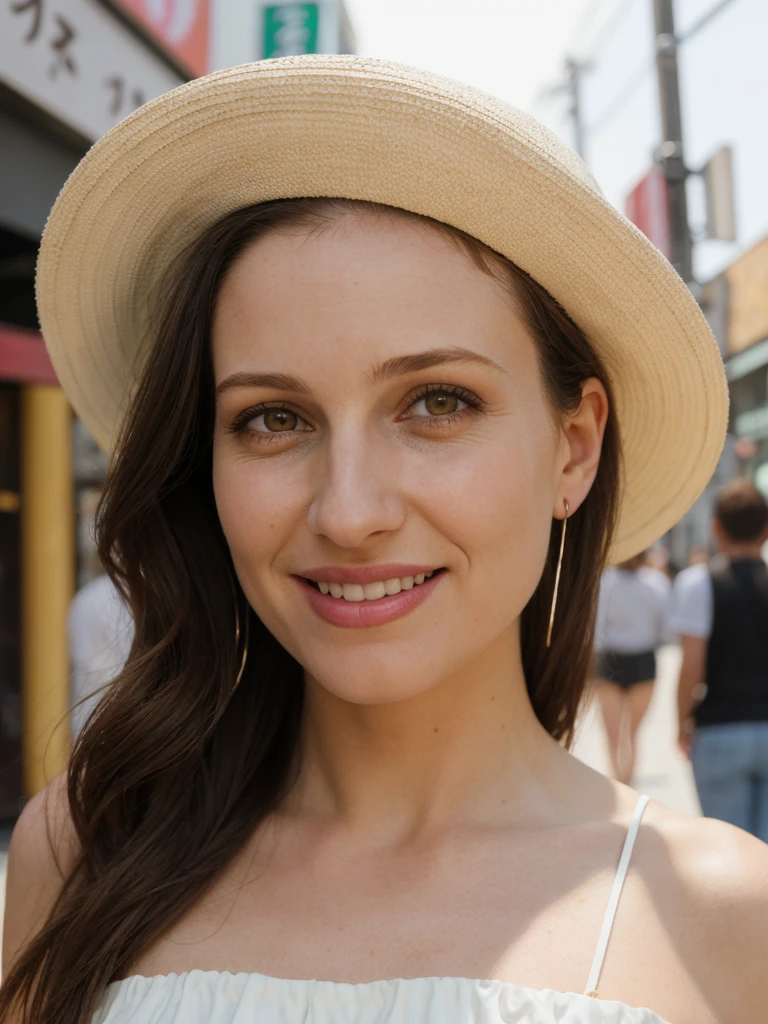 1girl, solo, photorealistic, realistic, long hair, ((ugly:1.5)), middle age, 35-year-old woman, wrinkles on her face and body, (((Caucasian woman))), straight nose, dark brown hair, diamond face shape face, white skin, thin lips, monolid eyes, (medium shot, half body), (realistic:1.3), finely detailed, quality, rembrandt lighting, (masterpiece:1.2), (photorealistic:1.2), (best quality), (detailed skin:1.3), (intricate details), dramatic, ray tracing,detailed skin texture, (blush:0.5), (goosebumps:0.5), subsurface scattering, smiling, medium breasts, white sun hat, rom_1, strapless white ruffled romper, platform shoes, full body, strolling, (bright sunny day, tokyo, Harajuku, Takeshita Street, fashion boutiques, street vendors, sky),