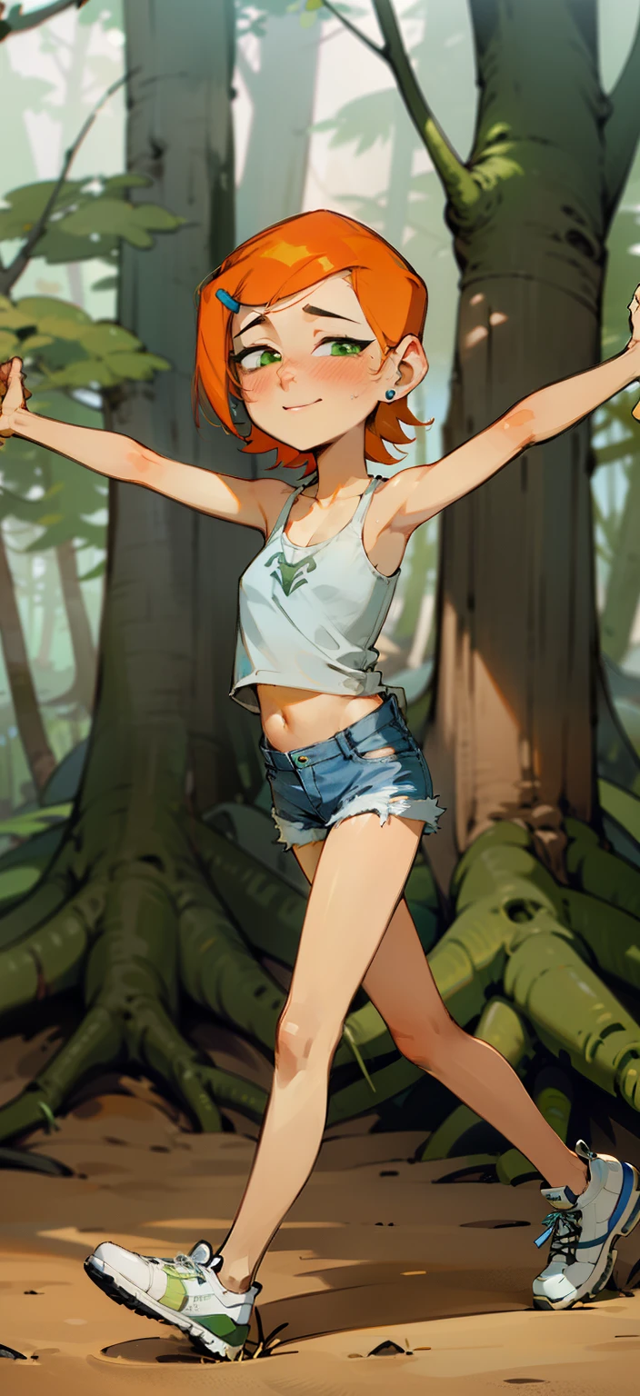 (Masterpiece), Best Quality, ultra-detailed, 1girl (Gwendolyn_Tennyson, lovely small breasts, orange hair, short hair, green eyes, half-closed eyes),  smile, parted lips, nose blush, blush, facing viewer, looking at viewer, solo, yellow tank_top(, tired), denim shorts, , in the forest, walk, sexy walking, sexy waist teasing, spread  arms,  Full-body 