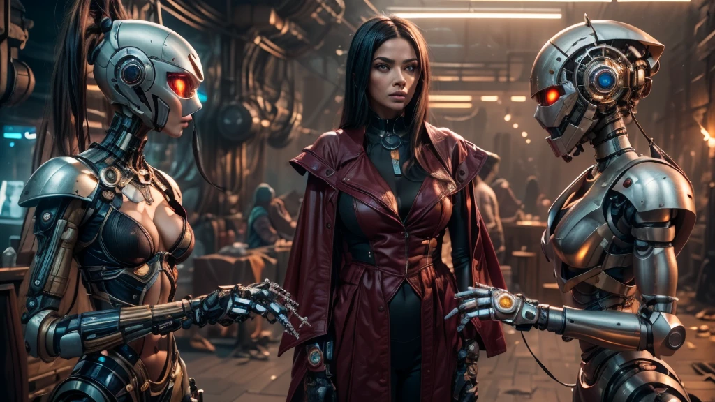 there are two robots that are standing next to each other, machines and futurist robots, death and robots, robot cyborgs, dieselpunk cyborgs, cyber steampunk 8 k 3 d, humanoid robots, still from alita, movie still of aztec cyborg, futuristic robots, from a 2 0 1 9 sci fi 8 k movie  