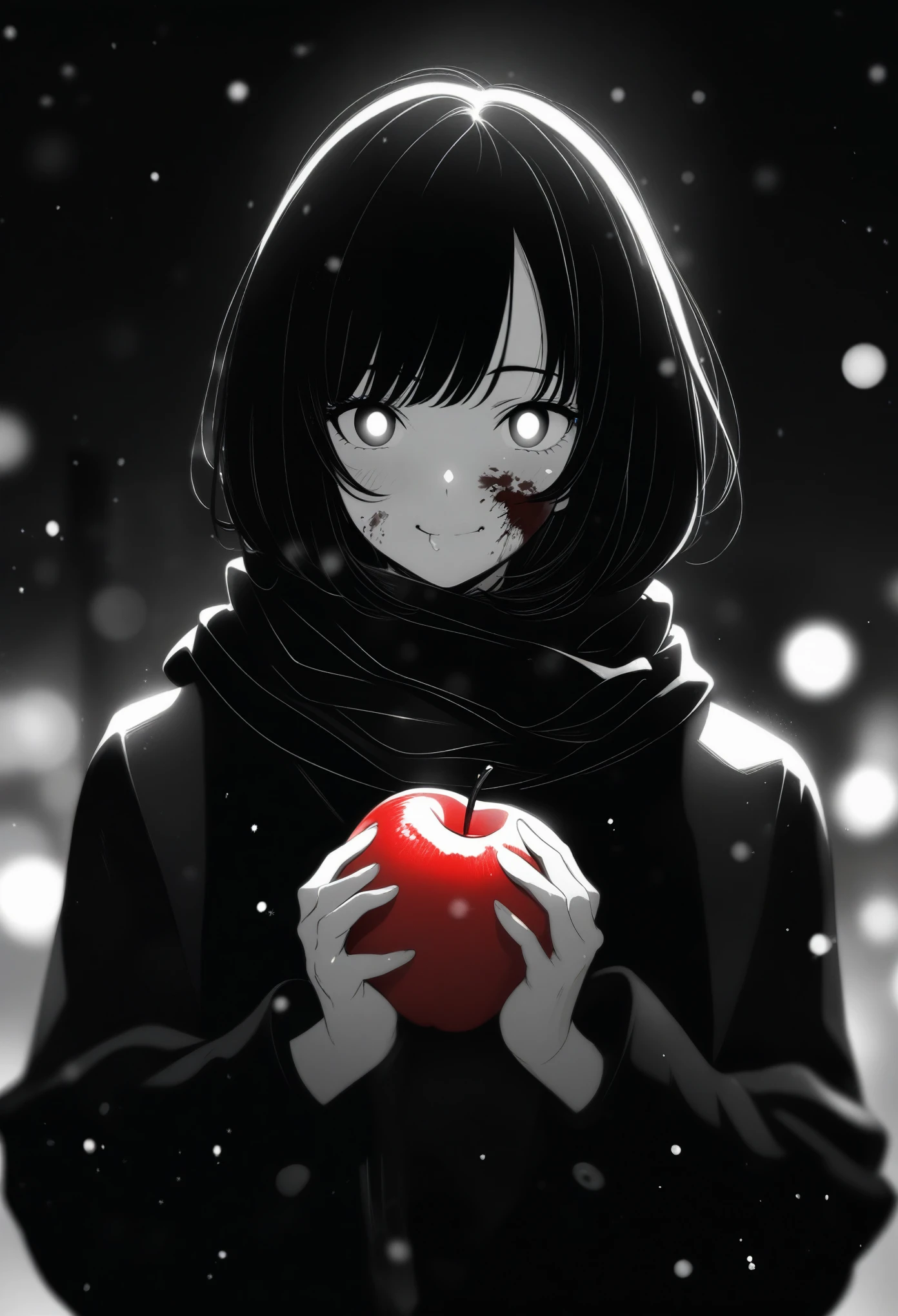 masterpiece, best quality, 1girl, momose_(oqo) official art, grayscale, manga style, japanese, chi no wadachi, black eyes, glowing white pupils, street, iced, smile, black hair, schoolbag, lineart, looking at viewer, blood on face, black coat, black scarf, 35 years old, mature_female:1, tall, fair skinned, bokeh background, bob cut, light particles, centered, snowing, emotional anime scene, (very aesthetic, best quality, ultra detailed), intricate details, red and blue lights flashing, cool, soleless, emotionless, tired, taking a bite out of a shiny red apple, eating apple, holding apple to lips, holding