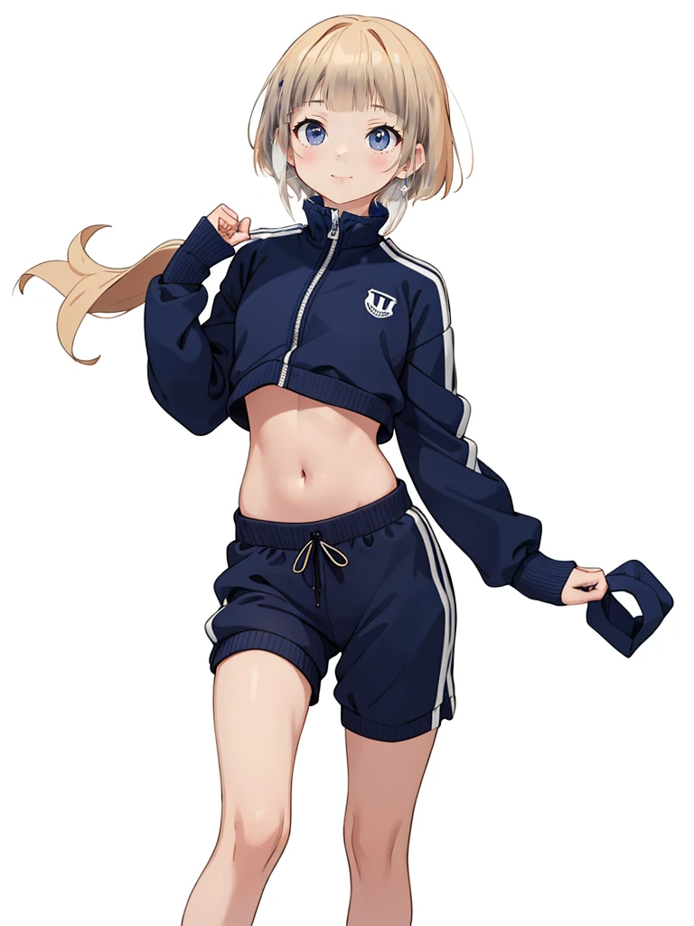 Colorado, blonde, braid, blue eyes,(disdain:1.5),(disgust:1.5),blush,standing,((right hand on chest)),((masterpiece)),((best quality)),((high resolution)), ((ultra-detailed)),old style school swimsuit, one-piece swimsuit, navy blue school swimsuit, landless swimsuit, 1girl, Solo,((from below)),((from front)),((concrete background)),perfect anatomy,barefoot,((in a dark basement room)),