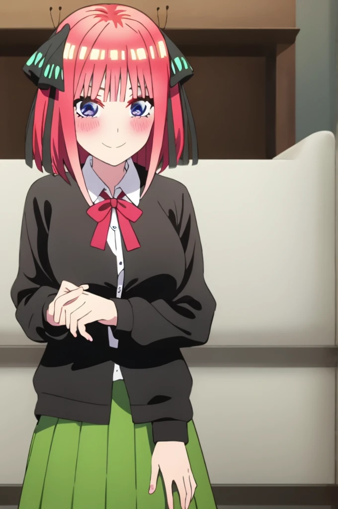 ((best quality)),((very detailed)),masterpiece,absurdities,detailed face,beautiful face,(detailed eyes, deep eyes),1,((dynamic pose)) , Nino , pink hair, blue eyes, butterfly hair ornament, black ribbon, skirt, hair ornament, shirt, bangs, ribbon, green skirt, white shirt, black cardigan, cardigan, open clothing, open cardigan, blunt bangs, headband, , holding, breasts, pleated skirt, smiling, short hair, two pigtails, collared shirt, indoors, medium hair, blushing, alone, eyebrows hidden by hair, long sleeves, looking down shyly and blushing, holding viewer's hand, big breasts, dress shirt, shiny hair, standing, shiny, looking at viewer, medium breasts