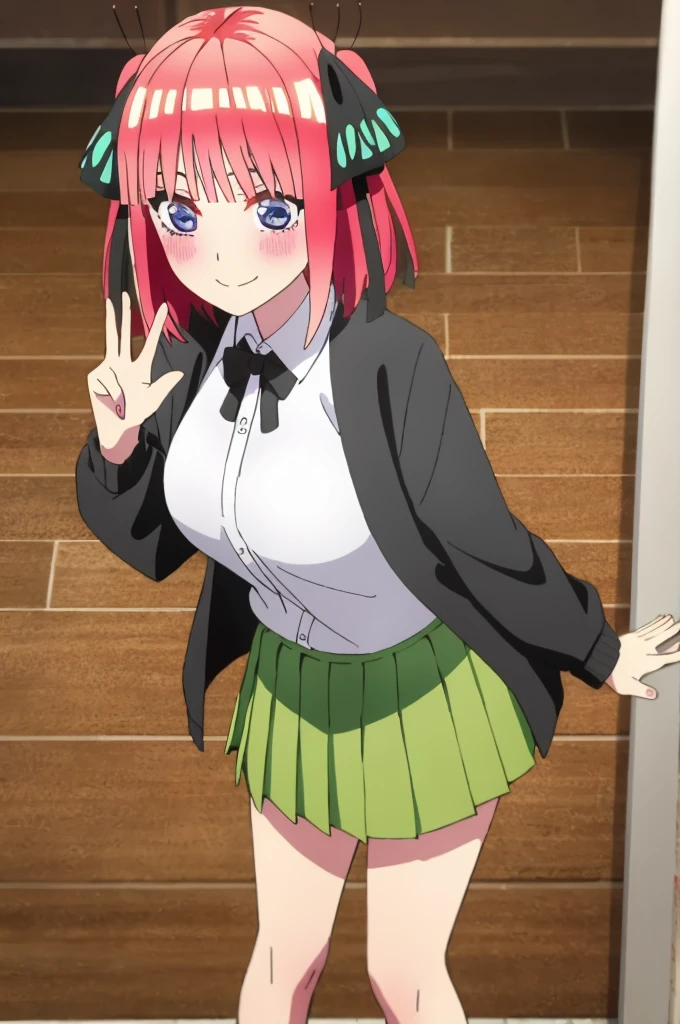 ((best quality)),((very detailed)),masterpiece,absurdities,detailed face,beautiful face,(detailed eyes, deep eyes),1,((dynamic pose)) , Nino , pink hair, blue eyes, butterfly hair ornament, black ribbon, skirt, hair ornament, shirt, bangs, ribbon, green skirt, white shirt, black cardigan, cardigan, open clothing, open cardigan, blunt bangs, headband, , holding, breasts, pleated skirt, smiling, short hair, two pigtails, collared shirt, indoors, medium hair, blushing, alone, eyebrows hidden by hair, long sleeves, looking down shyly and blushing, holding viewer's hand, big breasts, dress shirt, shiny hair, standing, shiny, looking at viewer, medium breasts