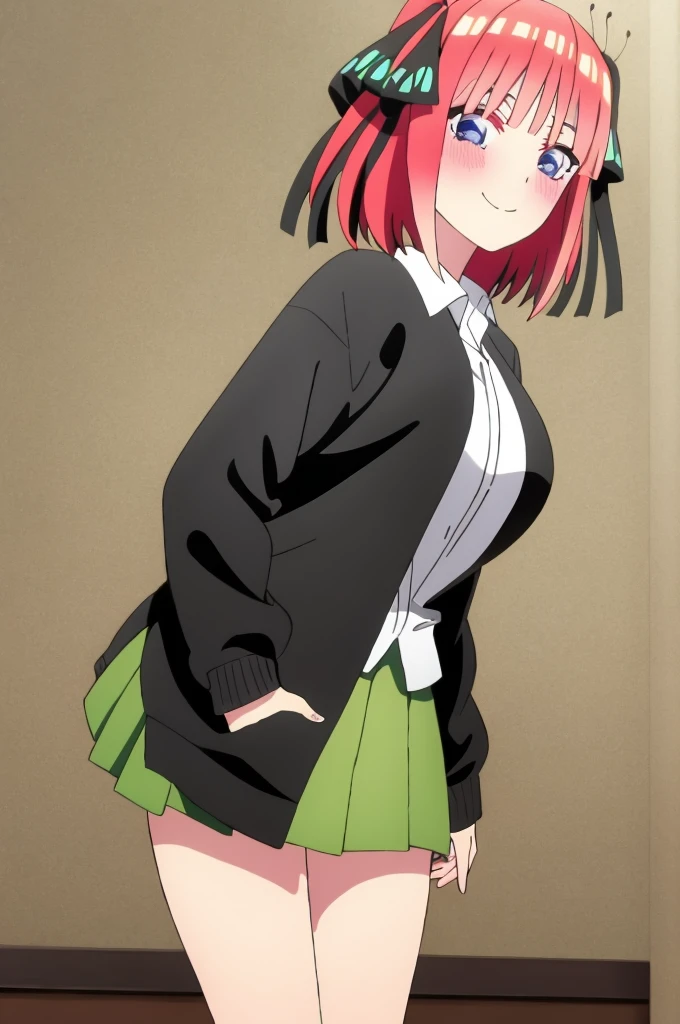 ((best quality)),((very detailed)),masterpiece,absurdities,detailed face,beautiful face,(detailed eyes, deep eyes),1,((dynamic pose)) , Nino , pink hair, blue eyes, butterfly hair ornament, black ribbon, skirt, hair ornament, shirt, bangs, ribbon, green skirt, white shirt, black cardigan, cardigan, open clothing, open cardigan, blunt bangs, headband, , holding, , pleated skirt, smiling, short hair, two pigtails, collared shirt, indoors, medium hair, blushing, alone, eyebrows hidden by hair, long sleeves, looking down shyly and blushing, holding viewer's hand, , dress shirt, shiny hair, standing, shiny, looking at viewer, 