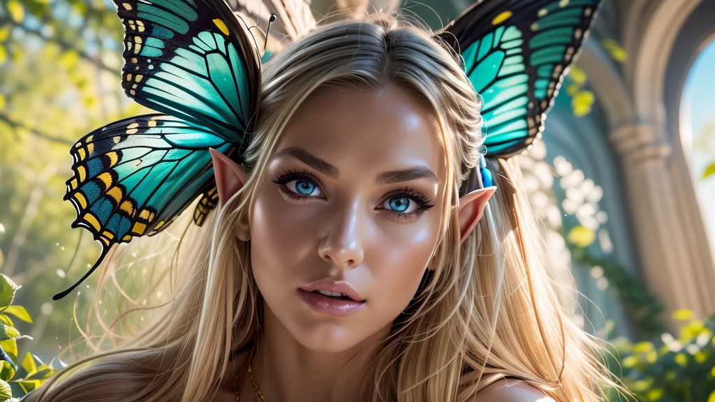 Beautiful, Amazing face and eyes, makeup, (extremely detailed beautiful face), Blonde, (sexiest look), (Beautiful breasts:1.3), (Best Quality:1.4), (Ultra-detailed), (extremely detailed CG unified 8k wallpaper), Highly detailed, RAW Photos, Professional Photography, (silk see through lace:1.3), full body, front view, one point perspective, sitting, (Spread your legs), (:1.4), plein air, Illumination, (Super fancy photos:1.4), (Dazzling light), Radiant Photography, depth of fields, (Glowing blue eyes), (realistic elf ear), (castle, fantasy setting), ((orbs)), massive butterfly wings, flowing butterfly wings, 