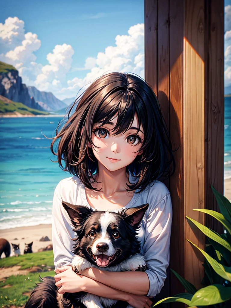 Highest Resolution,Highest quality,Woman and border collie looking at camera,