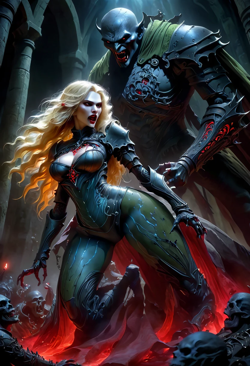 dark fantasy, dramatic lighting, full body shot, wide angle,dynamic angle, deep shadows, a female vampire and her thrall, extremely detailed skin, perfect blond wavy hair, (A female vampire and her thrall, she is using her paranormal powers to shift blood in the atmosphere, making the blood translocate around the environment), (the female vampire is trying to reach her thrall's neck with her hand, absorbing the thrall's blood from afar), hemokinesis, (there are lots of blood strings floating around the environment), she is wearing a very intricate biological exoskeleton, (the female vampire's lower body is vanishing, becoming black mist), the scene unfolds in a dungeon dimly illuminated by a red glow, red energy lines, pale blue and olive hues, mystical energy, moody atmosphere, cinematic composition, Yoshitaka Amano style