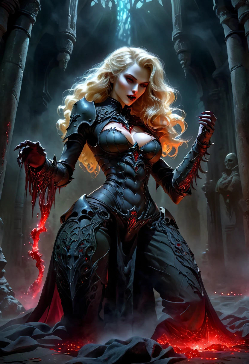 dark fantasy, dramatic lighting, full body shot, wide angle,dynamic angle, deep shadows, a female vampire and her thrall, extremely detailed skin, perfect blond wavy hair, (A female vampire and her thrall, she is using her paranormal powers to shift blood in the atmosphere, making the blood translocate around the environment), (the female vampire is trying to reach her thrall's neck with her hand, absorbing the thrall's blood from afar), hemokinesis, (there are lots of blood strings floating around the environment), she is wearing a very intricate biological exoskeleton, (the female vampire's lower body is vanishing, becoming black mist), the scene unfolds in a dungeon dimly illuminated by a red glow, red energy lines, pale blue and olive hues, mystical energy, moody atmosphere, cinematic composition, Yoshitaka Amano style