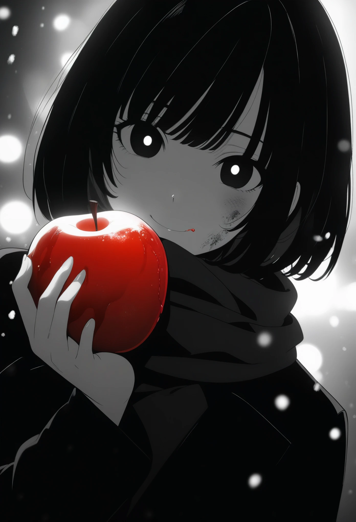 masterpiece, best quality, 1girl, momose_(oqo) official art, grayscale, manga style, japanese, chi no wadachi, black eyes, glowing white pupils, street, iced, smile, black hair, schoolbag, lineart, looking at viewer, blood on face, black coat, black scarf, 35 years old, mature_female:1, tall, fair skinned, bokeh background, bob cut, light particles, centered, snowing, emotional anime scene, (very aesthetic, best quality, ultra detailed), intricate details, red and blue lights flashing, cool, soleless, emotionless, tired, taking a bite out of a shiny red apple, eating apple