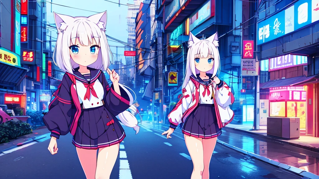 1 beautiful girl, great image quality ,nekomimi, with lots of detail, ray tracing, in a gaming,outfit anime, long stockings, blue eyes, white hair, , in a cyberpunk city , perfect anatomy,