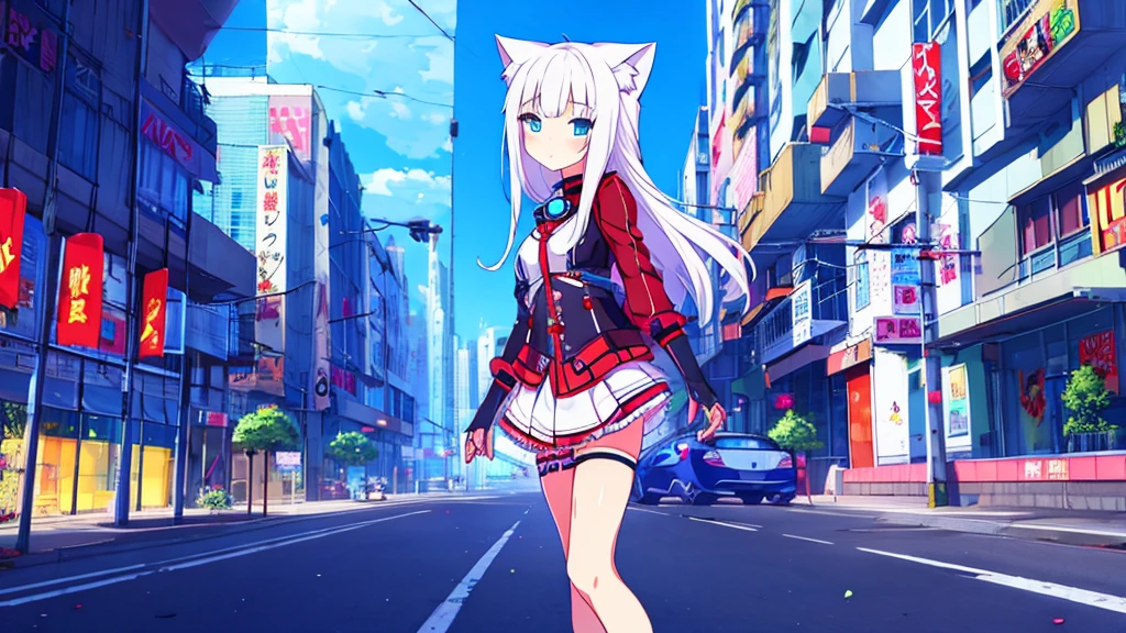 1 beautiful girl, great image quality ,nekomimi, with lots of detail, ray tracing, in a gaming,outfit anime, long stockings, blue eyes, white hair, , in a cyberpunk city , perfect anatomy,