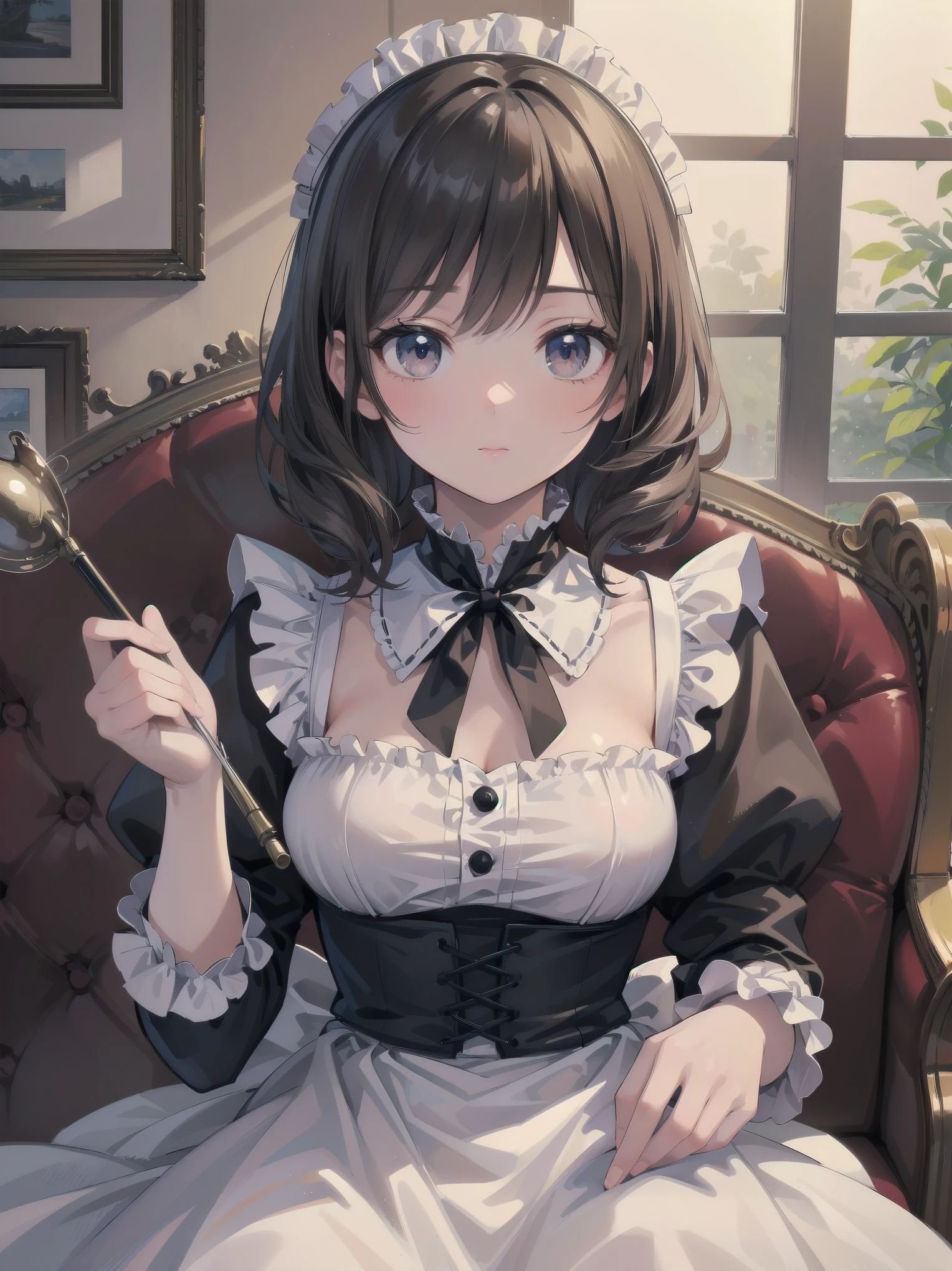 (Highest quality、16K、masterpiece、Ultra-high resolution、Victorian era、Photorealistic:1.2)、Maid Lady、solo、One person、Beautiful and detailed、202Perfectly detailed illustrations created by master anime illustrators of the 4th generation、Cool Beauty、Heroine's Attributes、Artistic shading、Perfect Face、Detailed portrait、