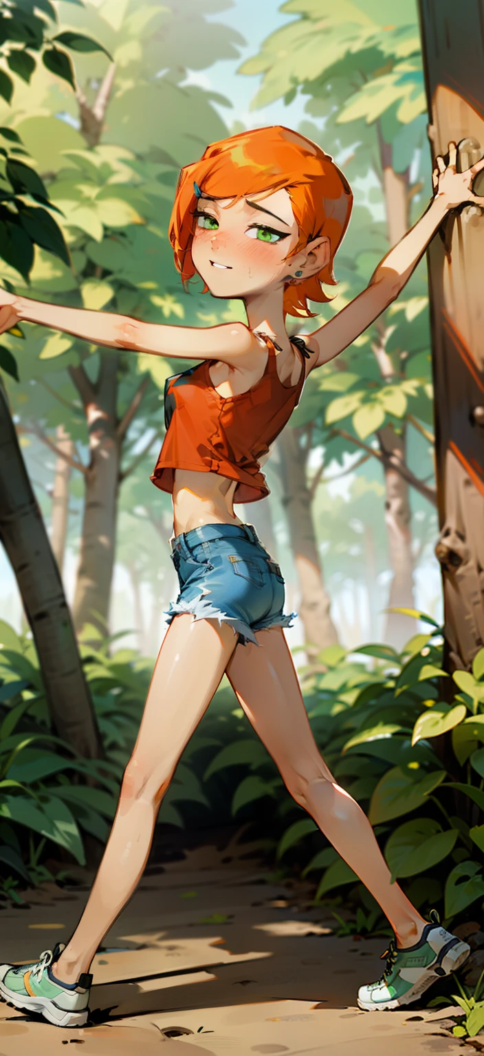 (Masterpiece), Best Quality, ultra-detailed, 1girl (Gwendolyn_Tennyson, lovely small breasts, orange hair, short hair, green eyes, half-closed eyes), smile, parted lips, nose blush, blush, solo, yellow tank_top(, tired), denim shorts, , in the forest, , walk, sexy walking, sexy waist teasing, spread arms, looking back , full body 