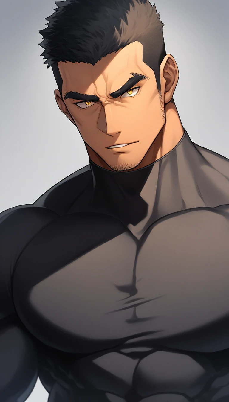 anime characters:Tights superhero, Muscle superhero, negro black skin, 1 dark skin muscular tough guy, Manliness, male focus, Yellow and black striped high collar long sleeve tight T-shirt, Slightly transparent material, Very tight, Round, full and perky chest muscles, Slightly transparent, muscular male, muscular, only, Upper body, alone, Black short hair, Thick eyebrows, stubble, Yellow eyes, Grey background, simple background, amazing quality, best aesthetics, Ridiculous, bright pupils, crew cut, parted lips, seductive smile, torogao, naughty face, drop shadow, best quality