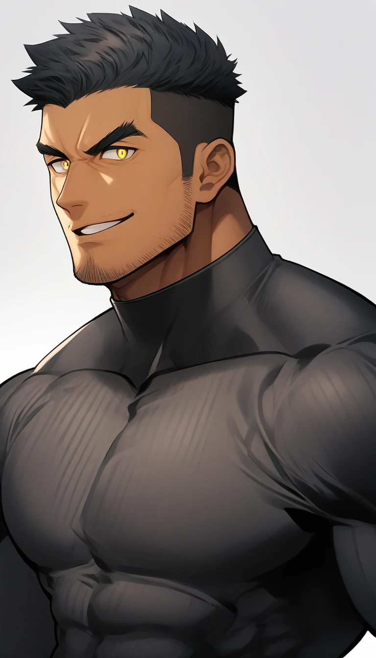 anime characters:Tights superhero, Muscle superhero, negro black skin, 1 dark skin muscular tough guy, Manliness, male focus, Yellow and black striped high collar long sleeve tight T-shirt, Slightly transparent material, Very tight, Round, full and perky chest muscles, Slightly transparent, muscular male, muscular, only, Upper body, alone, Black short hair, Thick eyebrows, stubble, Yellow eyes, Grey background, simple background, amazing quality, best aesthetics, Ridiculous, bright pupils, crew cut, parted lips, seductive smile, torogao, naughty face, drop shadow, best quality