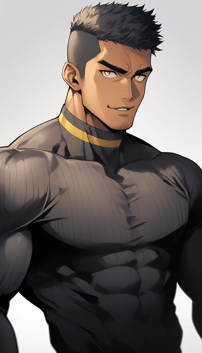 anime characters:Tights superhero, Muscle superhero, negro black skin, 1 dark skin muscular tough guy, Manliness, male focus, Yellow and black striped high collar long sleeve tight T-shirt, Slightly transparent material, Very tight, Round, full and perky chest muscles,Male dog waist,Slightly transparent, muscular male, muscular, only, Upper body, alone, Black short hair, Thick eyebrows, stubble, Yellow eyes, Grey background, simple background, amazing quality, best aesthetics, Ridiculous, bright pupils, crew cut, parted lips, seductive smile, torogao, naughty face, drop shadow, best quality