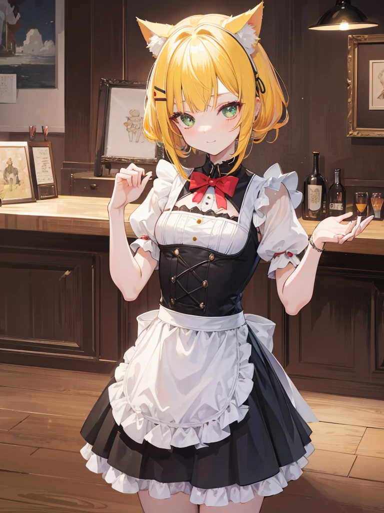 1girl, loli, maid outfit, short golden yellow hair, hair clip:red, emerald green eyes, cat ears, neko mimi, cute sweet smile, extremely detailed anime style, best quality, 4k, 8k, highres, masterpiece:1.2, ultra-detailed, HDR, UHD, studio lighting, ultra-fine painting, sharp focus, physically-based rendering, extreme detail description, professional, vivid colors, bokeh, inside bar,