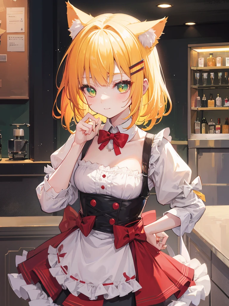 1girl, loli, maid outfit, short golden yellow hair, hair clip:red, emerald green eyes, cat ears, neko mimi, cute sweet smile, extremely detailed anime style, best quality, 4k, 8k, highres, masterpiece:1.2, ultra-detailed, HDR, UHD, studio lighting, ultra-fine painting, sharp focus, physically-based rendering, extreme detail description, professional, vivid colors, bokeh, inside bar,