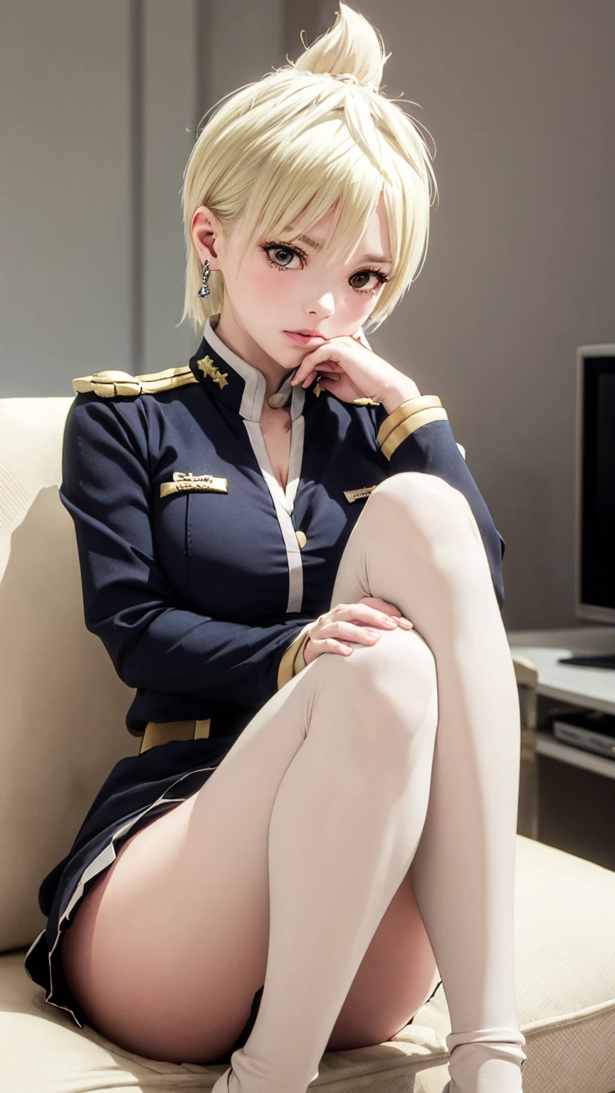 (masterpiece: 1.3), (Maximum resolution: 1.2), (Ultra HD TV: 1.2), Cinematic Light, 8K resolution, Detailed facial features , (Sharp focus: 1.2),Perfect Style, Beautiful Face, Acura, Anatomically correct, Highly detailed face and skin quality感, Beautiful Eyes,ThroughkBright Eyes, Natural Cheeks, Glowing Skin, (Glossy Lips: 1.4),、 (A shameful expression: 1.2),Highly detailed face and skin quality, Natural Cheeks, , Glossy Lips,Exposed cleavage、(White mucus on chest:1.6)(White mucus on thighs:1.6)、、Exposed shorts、Wet underwear、shame、Please open your knees、tears、sorrow、Glaring at the camera、Spread your legs、、Sparkly little earrings and necklace、Disheveled clothes、stockings、Drenched in sweat、stockings 、Long Hair、32 years old, Clean woman,1 person、blonde、Blonde、Blue-gray eyes、Green-gray eyes,(Miniskirt military uniform:1.4)、scarf、dissatisfaction、Masturbate、Beautiful nipples exposed、Soft Breasts、Healthy legs、Bare thighs、lean on the sofa with your knees raised