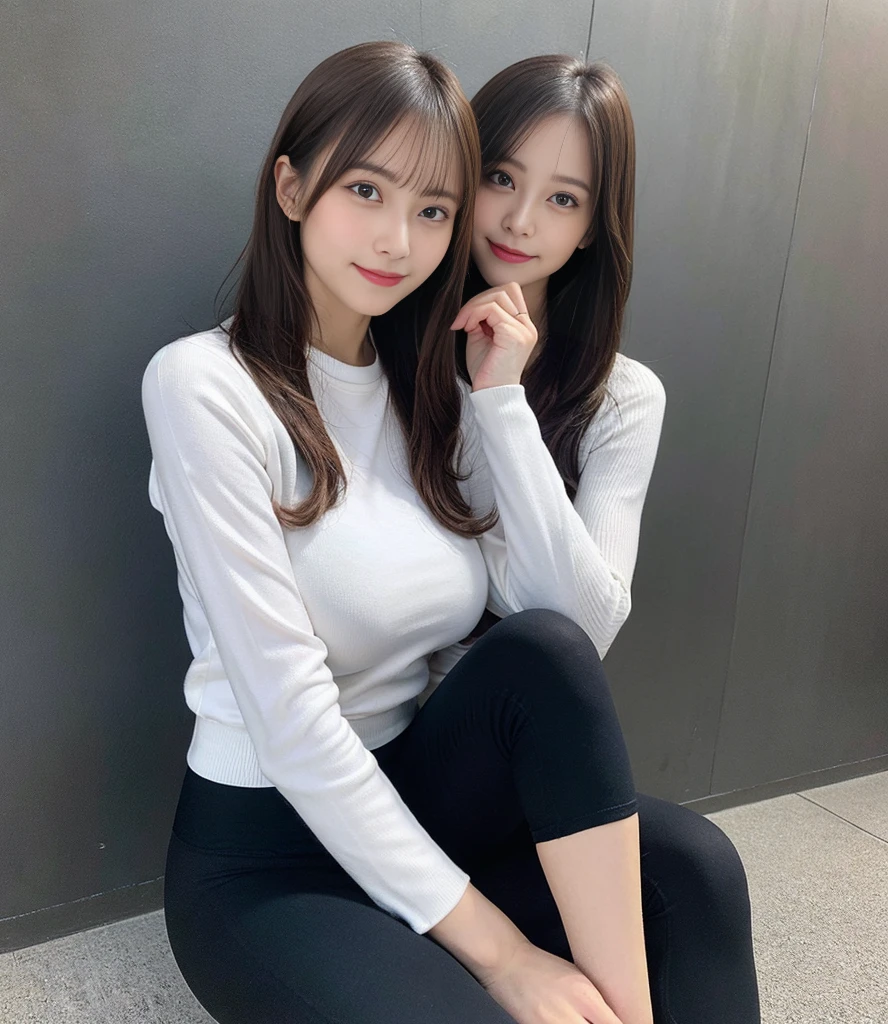 masutepiece, Best Quality, Illustration, Ultra-detailed, finely detail, hight resolution, 8K Wallpaper, Perfect dynamic composition, Beautiful detailed eyes, Medium Hair,Great under the shirt:2.0、Natural Color Lip, Bold sexy poses,Smile,20 years girl、Cute、Sexy shot looking at camera、Long Sleeve Tight Yoga Wear、Pale colored long trouser leggings、Shot from the knee up、Ribbon tie、full body seen、Being in the gym、Power Rack、Black walls、((huge tit、From the knee up))