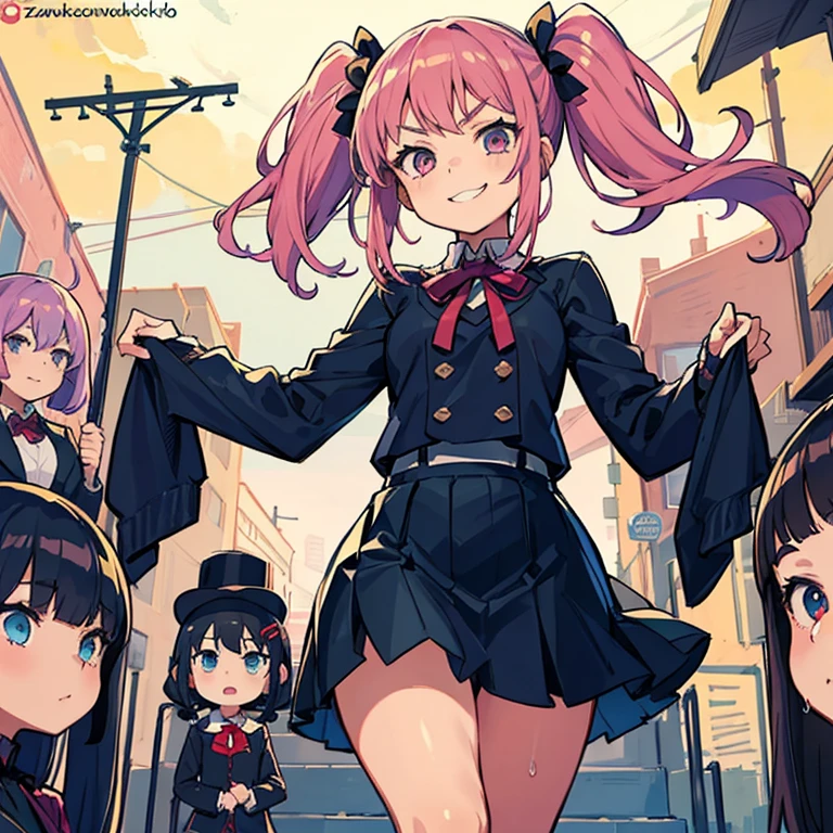 4 Girls with pink hair, long twintail hairstyle, small bushy eyebrows, wearing gothic lolita clothing, lolicon (Zankuro) drawing style by zankuro artist, Zancrow style, image uploaded to R34, walking to school, flirty smile, , lifting her skirt to show her vagina wet with semen