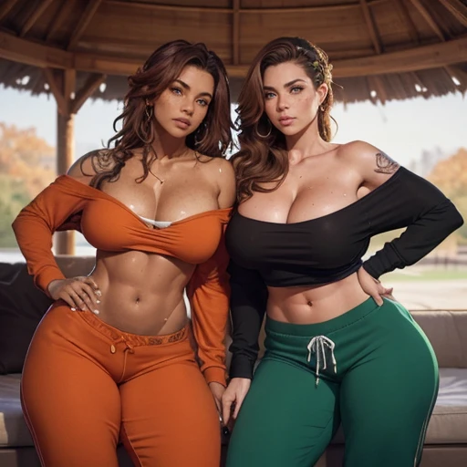 Two women with different colored natural hair next to each other, Athletic fit muscular 30 year old fitness athlete woman, amazingly long wavy  voluminous flowing hair down her back to her thighs, big beautiful green eyes, MANY freckles, muscle tone, wet and glistening from sweat, wearing low-rise oversized sweatpants-shorts, ((( IMPORTANT: and a huge loose baggy oversized low-cut comfy big sweatshirt with ONE wide-neck-hole that goes all around off-shoulder and cleavage in one big swoop 1.3))), very tall socks and cute sneakers, flowers in hair, muscle definition in shoulders and belly, curvy, juicy wide hips, thick thighs, nice big muscular ass, mature gorgeous incredible pretty face, grinning, many tattoos on her body, sitting on couch in a lavish mansion in the mornings, Instagram model, (((small breasts 1.3))), (((birdseye-overhead-camera-angled-looking-down and wide-angle-lens and bokeh and incredible colors and  professional photographer 1.3))) k, SFW, abs,photorealistic,super long hair, incredible outfit that makes sense practically and beautifully for an autumn morning when it's sunny but a little windy, , headband, all clothes are one color