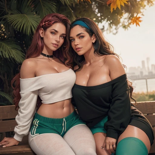 Two women with different colored natural hair next to each other, Athletic fit muscular 30 year old fitness athlete woman, amazingly long wavy  voluminous flowing hair down her back to her thighs, big beautiful green eyes, MANY freckles, muscle tone, wet and glistening from sweat, wearing low-rise oversized sweatpants-shorts, ((( IMPORTANT: and a huge loose baggy oversized low-cut comfy big sweatshirt with ONE wide-neck-hole that goes all around off-shoulder and cleavage in one big swoop 1.3))), very tall socks and cute sneakers, flowers in hair, muscle definition in shoulders and belly, curvy, juicy wide hips, thick thighs, nice big muscular ass, mature gorgeous incredible pretty face, grinning, many tattoos on her body, sitting on couch in a lavish mansion in the mornings, Instagram model, (((small breasts 1.3))), (((birdseye-overhead-camera-angled-looking-down and wide-angle-lens and bokeh and incredible colors and  professional photographer 1.3))) k, SFW, abs,photorealistic,super long hair, incredible outfit that makes sense practically and beautifully for an autumn morning when it's sunny but a little windy, , headband, all clothes are one color