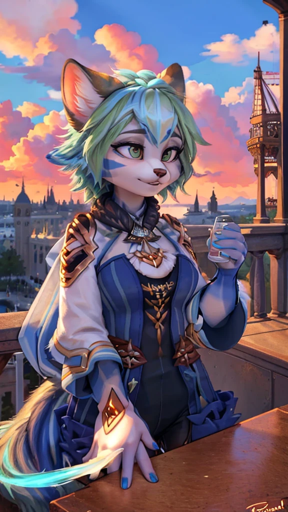 A beautiful and detailed (sweet portrait) wa ((Krystal)), Star Fox Krystal, sslim, lovable, green eyes, medium breasts, (((Long blue hair 1.3))), Decollete, anthro, furry, Uploaded E621, detailed fluffy fur, (wa Fluff-Kevlar, Bayard Wu, Personalami, Pino Daeni), detailed face, (fluffy), 1 girl, alone, sweet girl, 
