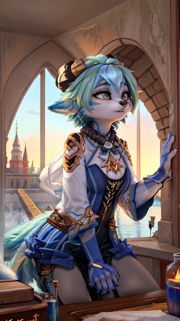 A beautiful and detailed (sweet portrait) wa ((Krystal)), Star Fox Krystal, sslim, lovable, green eyes, medium breasts, (((Long blue hair 1.3))), Decollete, anthro, furry, Uploaded E621, detailed fluffy fur, (wa Fluff-Kevlar, Bayard Wu, Personalami, Pino Daeni), detailed face, (fluffy), 1 girl, alone, sweet girl, 
