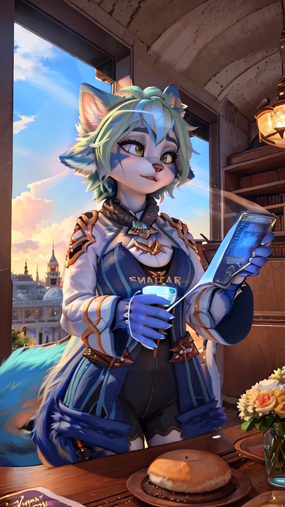 A beautiful and detailed (sweet portrait) wa ((Krystal)), Star Fox Krystal, sslim, lovable, green eyes, medium breasts, (((Long blue hair 1.3))), Decollete, anthro, furry, Uploaded E621, detailed fluffy fur, (wa Fluff-Kevlar, Bayard Wu, Personalami, Pino Daeni), detailed face, (fluffy), 1 girl, alone, sweet girl, 
