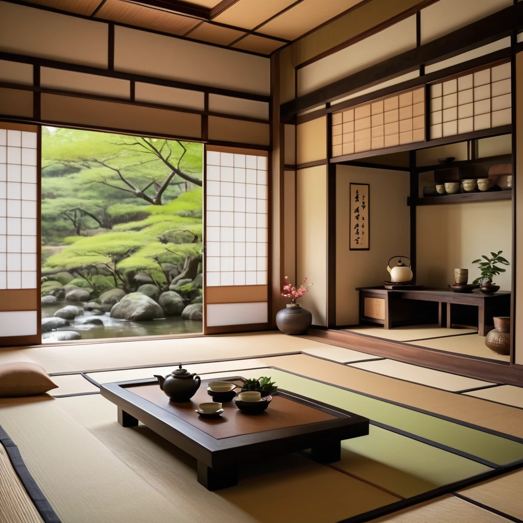 (best quality,4k,8k,highres,masterpiece:1.2),ultra-detailed,(realistic,photorealistic,photo-realistic:1.37),tatami-style living room,traditional Japanese architecture,serene atmosphere,wooden flooring,sliding doors,subtle natural light,floor cushions,low table,delicate paper lanterns,Japanese calligraphy scrolls,beautiful landscape paintings,soft color palette,smooth textures,zen-like ambience,delicate floral arrangements,quiet elegance,floating shelves with minimalist decor,Camellia flower motifs,tranquil water feature,distinctive tatami mats,authentic teapot and cups,peaceful and harmonious,rustic aesthetic,zen garden view,lush green plants,peaceful contemplation,clean and uncluttered space,serenity and simplicity,deep connection with nature,tranquility and balance,subtle blend of modern and traditional elements,inviting and relaxing ambiance,gentle presence of nature