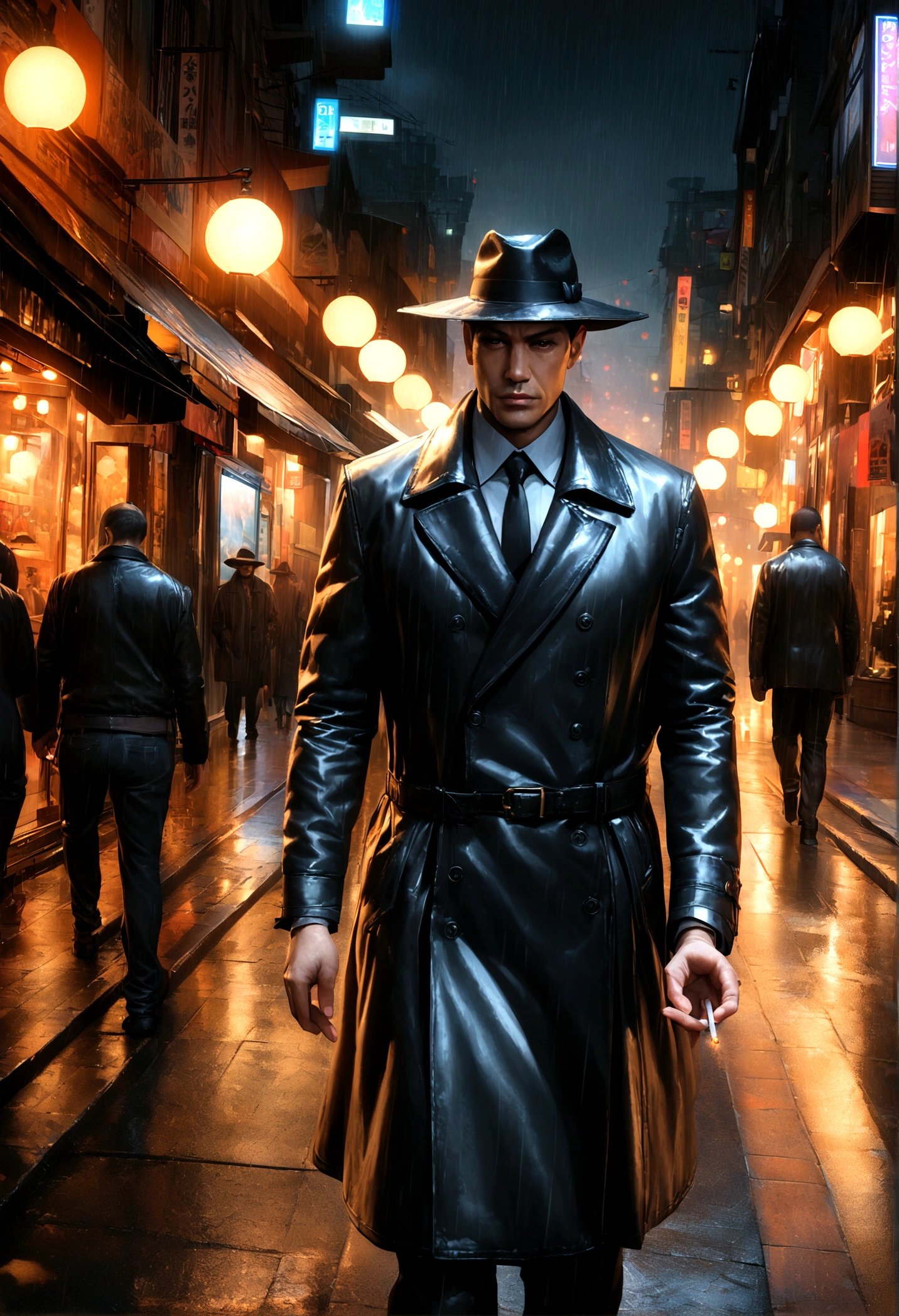 a yakuza member in a black trench coat, black felt wide rim hat, holding a lit cigarette, grim dark expression, walking on the sidewalk on a dreary tokyo night, light rain, street lamps, 4k, 8k, highres, masterpiece, realistic, photorealistic, photo-realistic, HDR, UHD, studio lighting, ultra-fine painting, sharp focus, physically-based rendering, extreme detail description, professional, vivid colors, bokeh, chiaroscuro, moody, atmospheric, cinematic, dramatic lighting